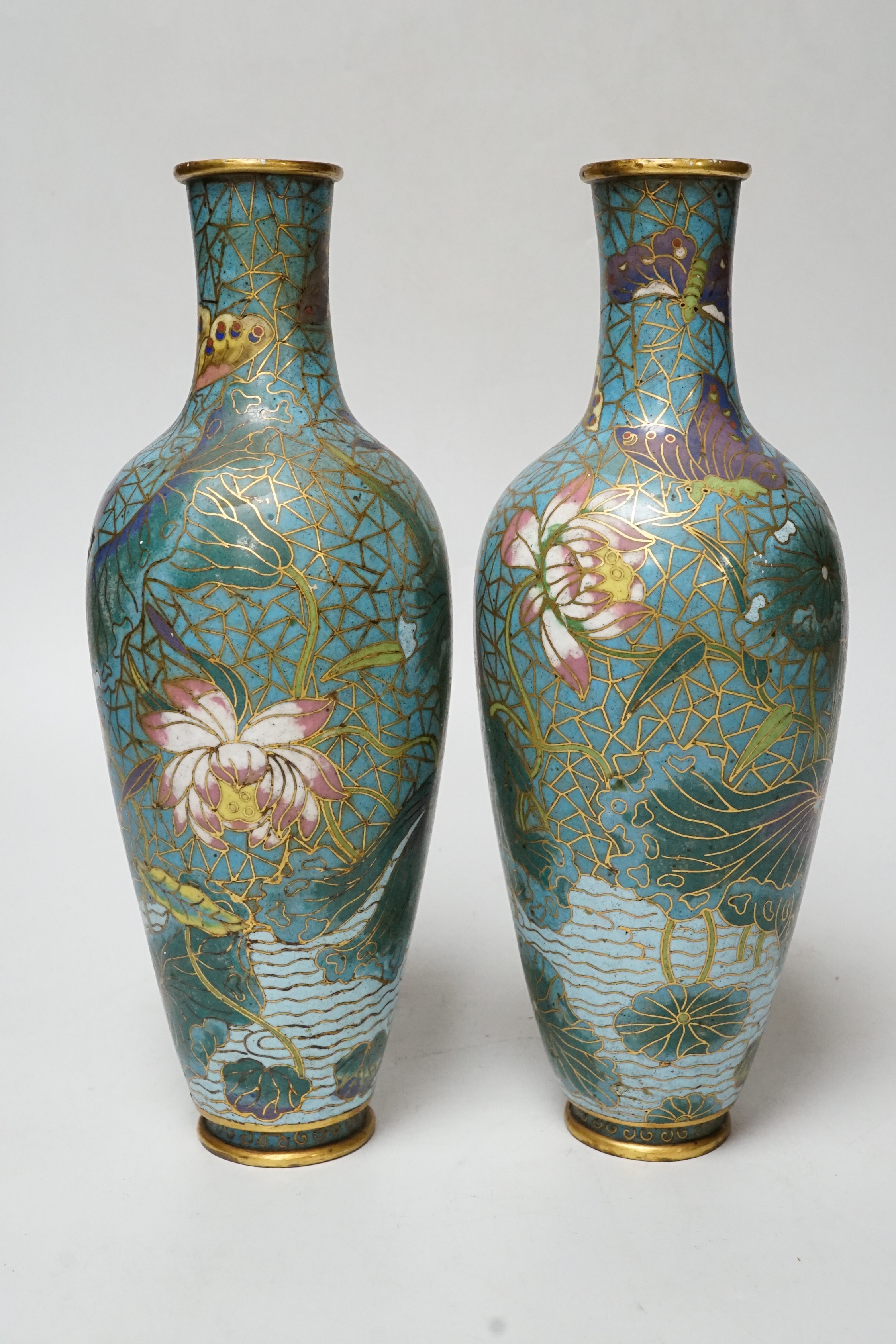 A pair of 19th century Chinese cloisonné enamel vases, 25.5cm high